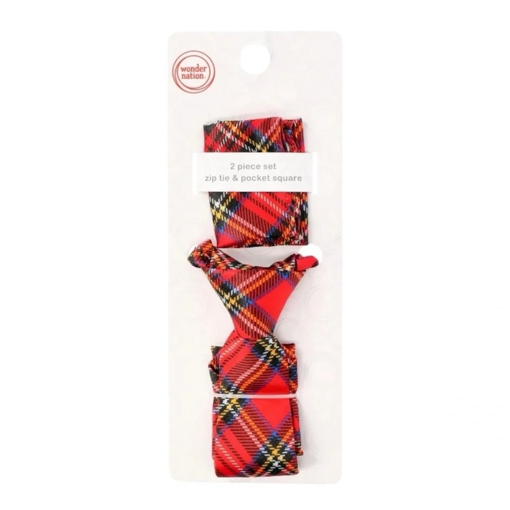Wonder Nation Red and Black Plaid Zip Tie And Pocket Square Collection